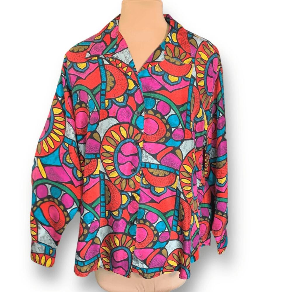 Vintage 90s Colorful Psychedelic Print Long Sleeve Blouse 1X Retro Boho Shirt